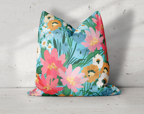 Flower Breeze Teal Blue Decorative Pillow Throw Cover - Cush Potato Pillows