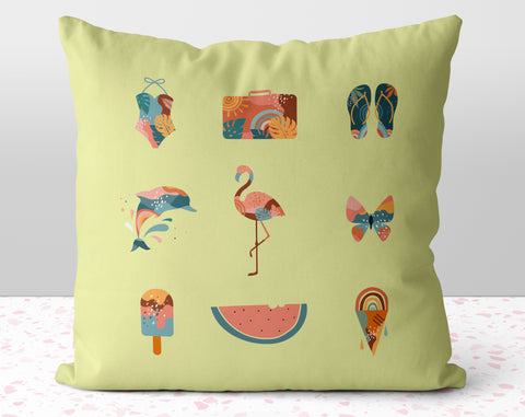 Boho Summer Yellow Square Pillow Cover Throw with Flamingo Dolphin Popsicle Watermelon Accents Cover
