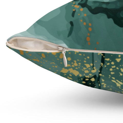 Abstract Emerald Green Square Pillow with Gold Printed Accents with Cover Throw with Insert - Cush Potato Pillows