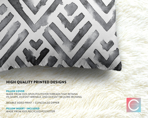 Black Monochrome Villa Watercolor Pillow Throw - Cush Potato Pillows