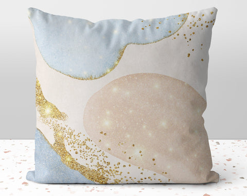 Blissful Glam Vanilla Blue Square Pillow with Gold Printed Accents with Cover Throw with Insert - Cush Potato Pillows