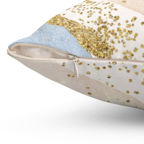 Blissful Glam Vanilla Blue Square Pillow with Gold Printed Accents with Cover Throw with Insert - Cush Potato Pillows