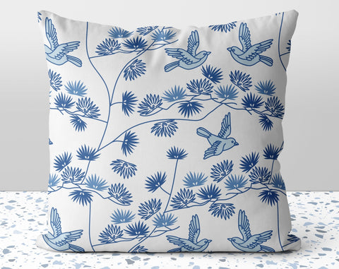 Blue Asian Birds Pillow Throw Cover with Insert - Cush Potato Pillows