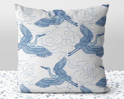 Blue Asian Crane Birds Pillow Throw Cover with Insert - Cush Potato Pillows