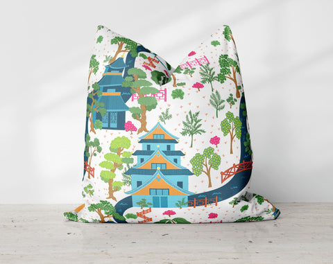 Chinoiserie Pagoda Asian Garden Decorative Pillow Throw Cover - Cush Potato Pillows