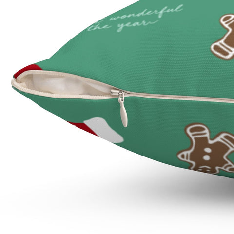 Christmas Gingerbread Man Most Wonderful Time of the Year Bakery Green Red Square Pillow with Cover Throw with Insert - Cush Potato Pillows