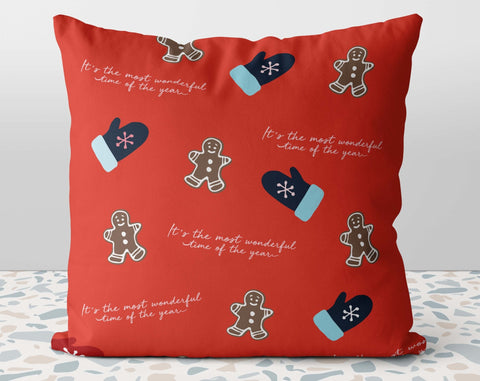 Christmas Gingerbread Man Most Wonderful Time of the Year Bakery Red Orange Pillow Throw Cover