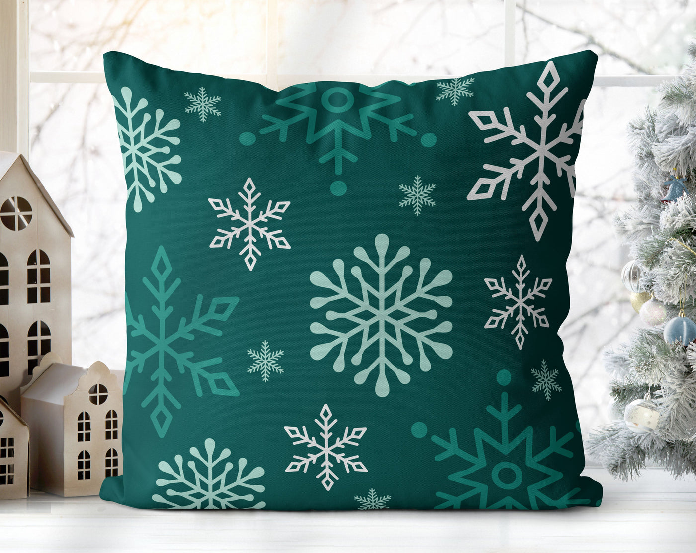 Enchanted Snowflakes Winter Christmas Candy Cane Green Pillow Throw - Cush Potato Pillows