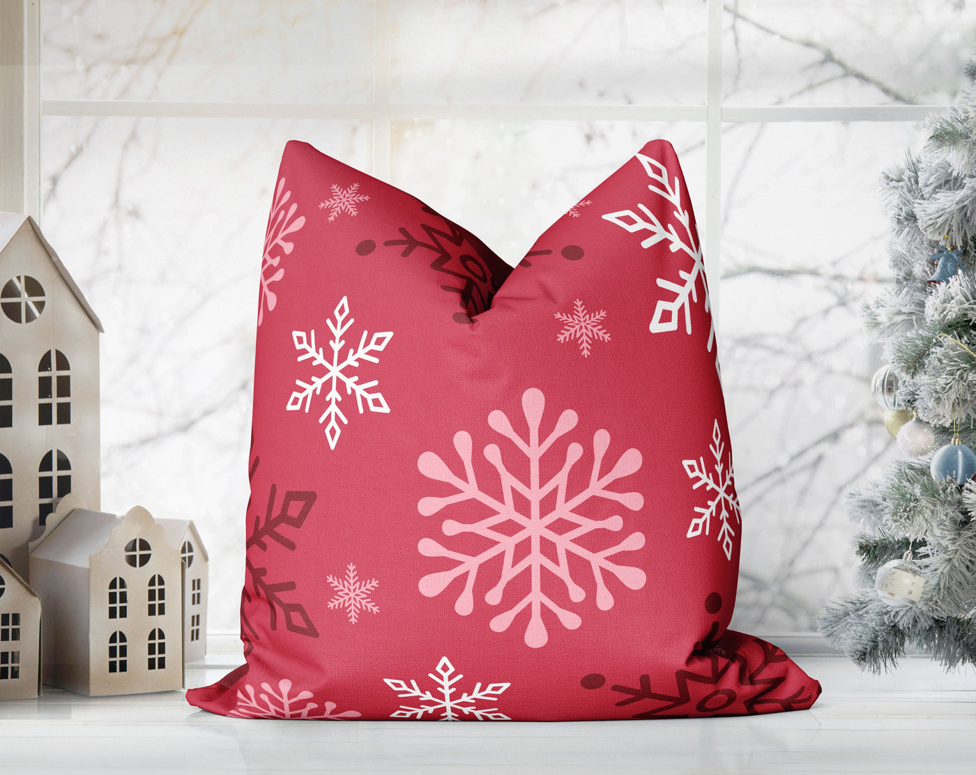 Enchanted Snowflakes Winter Christmas Candy Cane Red Pillow Throw - Cush Potato Pillows