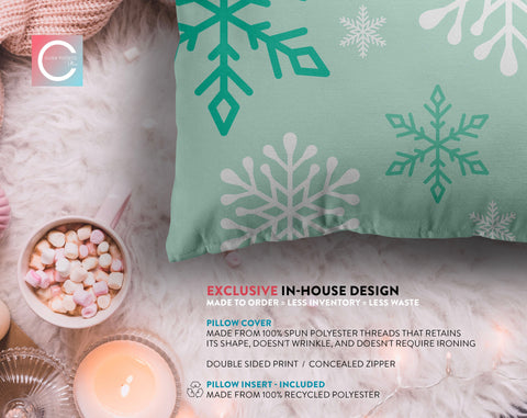 Enchanted Snowflakes Winter Christmas Frosty Mint Green Pillow Throw - Cush Potato Pillows