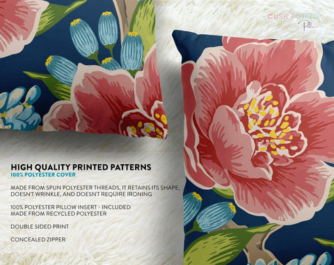 Exclusive Floral Blue Thibaut Inspired Pillow Throw Cover with Insert - Cush Potato Pillows