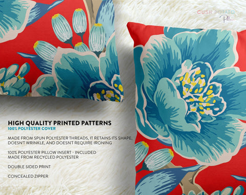 Exclusive Floral Red Thibaut Inspired Pillow Throw Cover with Insert - Cush Potato Pillows