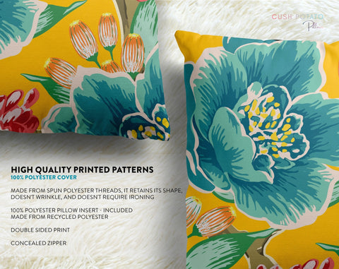 Exclusive Floral Yellow Thibaut Inspired Pillow Throw Cover with Insert - Cush Potato Pillows