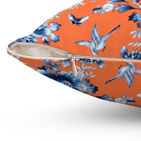 Floral Chinoiserie Blue Flowers on Orange Pillow Throw Cover with Insert - Cush Potato Pillows