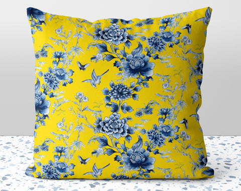 Floral Chinoiserie Blue Flowers Yellow Pillow Throw Cover with Insert - Cush Potato Pillows