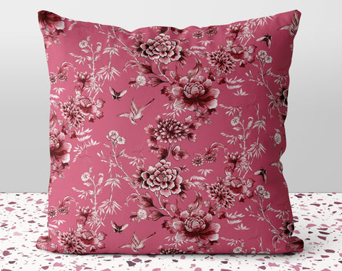 Floral Chinoiserie Flowers Magenta Red Pillow Throw Cover with Insert - Cush Potato Pillows