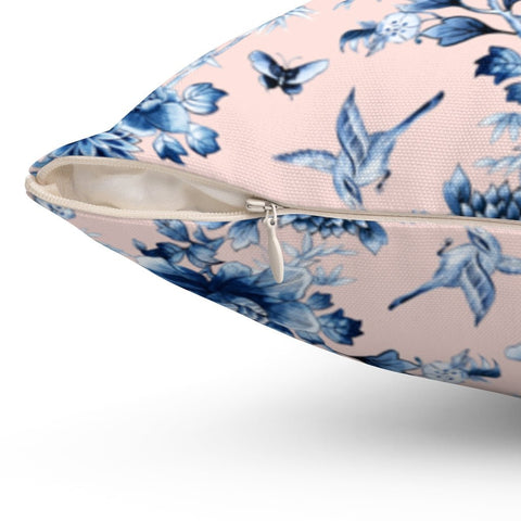 Floral Chinoiserie Flowers Pink Blue Square Pillow with Cover Throw with Insert - Cush Potato Pillows
