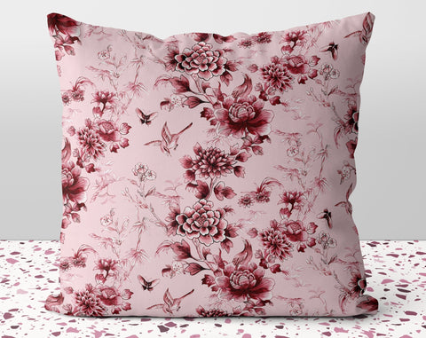 Floral Chinoiserie Flowers Red on Pink Red Square Pillow with Cover Throw with Insert - Cush Potato Pillows