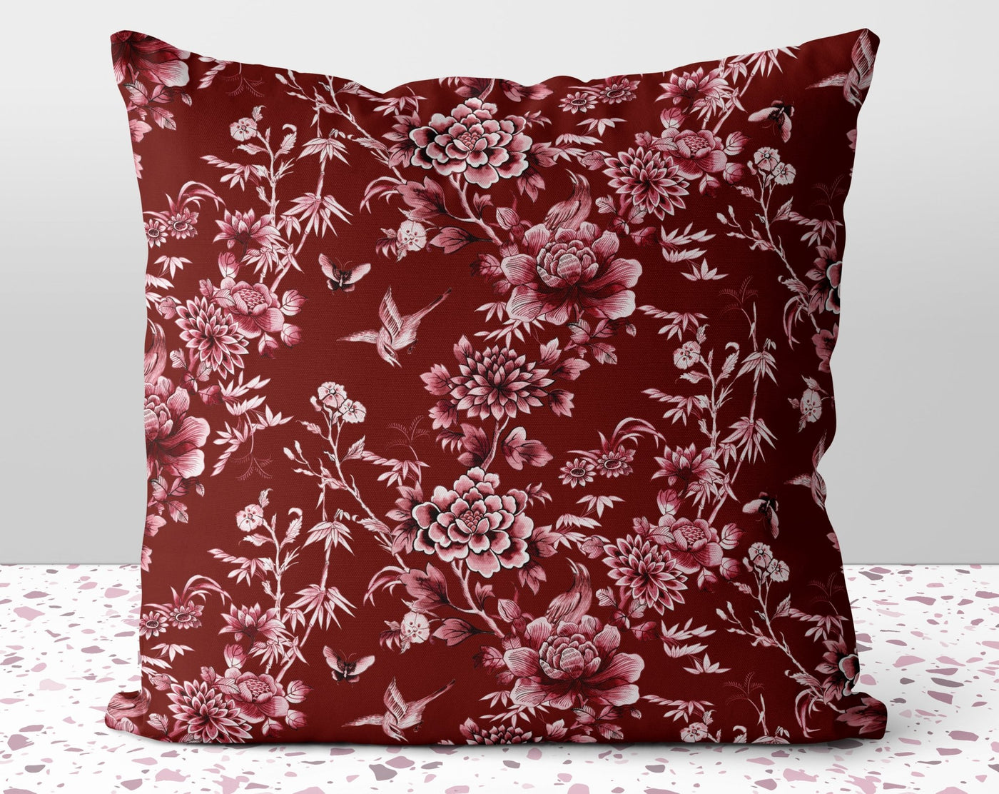 Floral Chinoiserie Flowers Red Pillow Throw Cover with Insert - Cush Potato Pillows