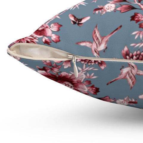 Floral Chinoiserie Red Flowers on Gray Pillow Throw Cover with Insert - Cush Potato Pillows
