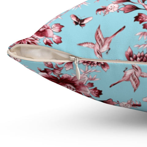 Floral Chinoiserie Red Flowers Red on Cyan Teal Blue Pillow Throw Cover with Insert - Cush Potato Pillows