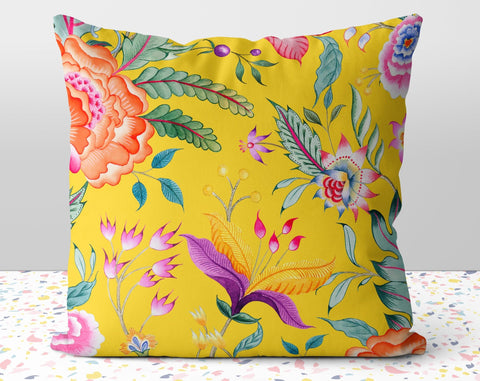 Floral Chintz Solar Yellow Pillow Throw Cover with Insert - Cush Potato Pillows