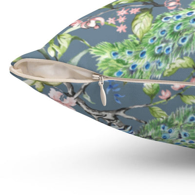 Floral Peacock Chinoiserie Flowers Pink on Gray Square Pillow with Cover Throw with Insert - Cush Potato Pillows