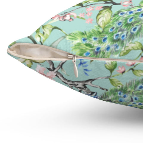 Floral Peacock Chinoiserie Flowers Pink on Mint Green Square Pillow with Cover Throw with Insert - Cush Potato Pillows
