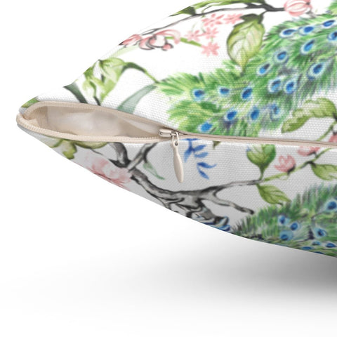 Floral Peacock Chinoiserie Flowers Pink on White Square Pillow with Cover Throw with Insert - Cush Potato Pillows