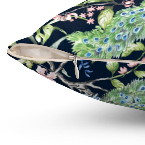 Floral Peacock Chinoiserie Pink Flowers Blue Pillow Throw Cover with Insert - Cush Potato Pillows