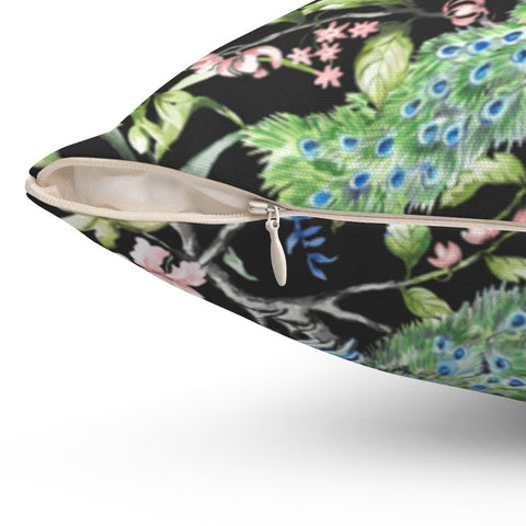 Floral Peacock Chinoiserie Pink Flowers on Gray Pillow Throw Cover with Insert - Cush Potato Pillows