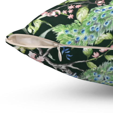 Floral Peacock Chinoiserie Pink Flowers on Green Pillow Throw Cover with Insert - Cush Potato Pillows