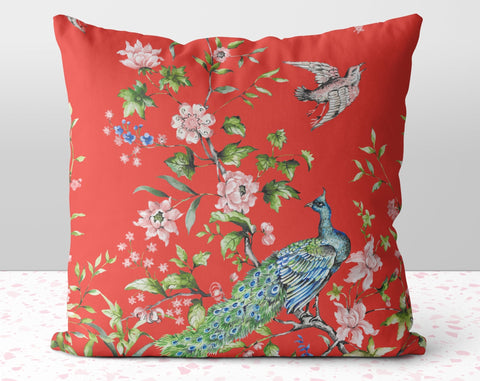 Floral Peacock Chinoiserie Pink Flowers on Orange Pillow Throw Cover with Insert - Cush Potato Pillows