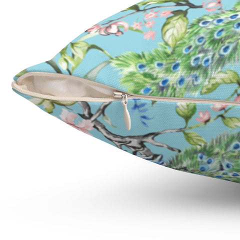 Floral Peacock Chinoiserie Pink Flowers on Teal Pillow Throw Cover with Insert - Cush Potato Pillows