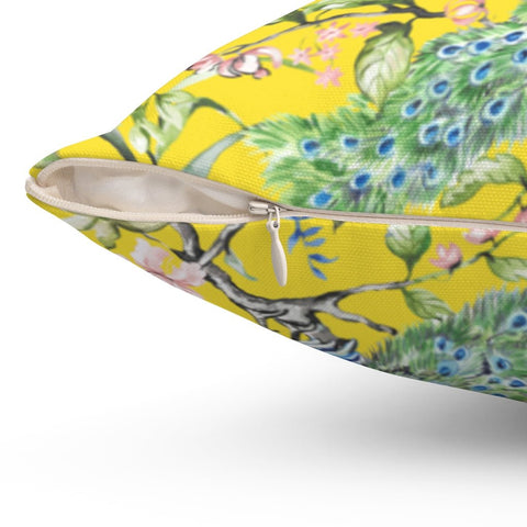 Floral Peacock Chinoiserie Pink Flowers on Yellow Pillow Throw Cover with Insert - Cush Potato Pillows