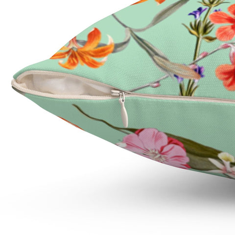 Fresh Floral Flowers on Green Square Pillow with Pink, Orange and Red Floral Accents with Cover Throw with Insert - Cush Potato Pillows