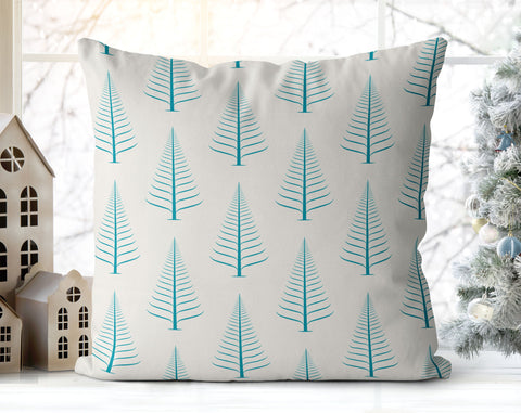 Gentle Winter Christmas Trees Bahama Blue Off-White Cream Pillow Throw - Cush Potato Pillows