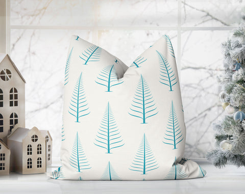 Gentle Winter Christmas Trees Bahama Blue Off-White Cream Pillow Throw - Cush Potato Pillows