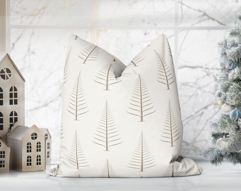 Gentle Winter Christmas Trees Dark Desert Beige Off-White Cream Pillow Throw - Cush Potato Pillows