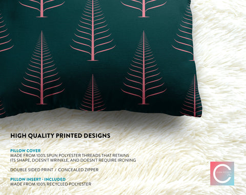 Gentle Winter Christmas Trees Flamingo Pink on Emerald Green Pillow Throw - Cush Potato Pillows