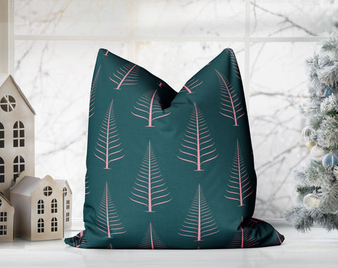 Gentle Winter Christmas Trees Flamingo Pink on Emerald Green Pillow Throw - Cush Potato Pillows
