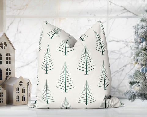 Gentle Winter Christmas Trees Forest Green Off-White Cream Pillow Throw - Cush Potato Pillows