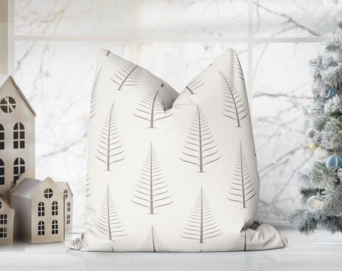 Gentle Winter Christmas Trees Mole Taupe Off-White Cream Pillow Throw - Cush Potato Pillows