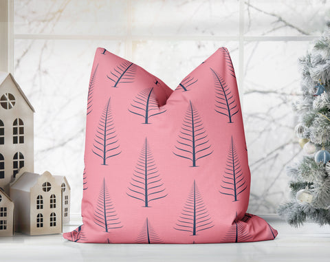 Gentle Winter Christmas Trees Navy on Carnation Pink Pillow Throw - Cush Potato Pillows