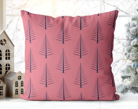 Gentle Winter Christmas Trees Navy on Carnation Pink Pillow Throw - Cush Potato Pillows