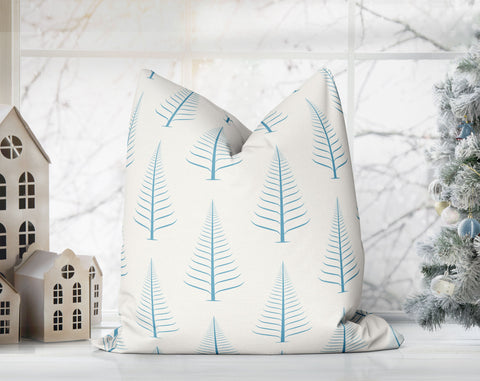 Gentle Winter Christmas Trees Pacific Blue Off-White Cream Pillow Throw - Cush Potato Pillows