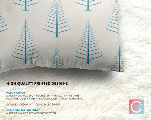 Gentle Winter Christmas Trees Pacific Blue Off-White Cream Pillow Throw - Cush Potato Pillows
