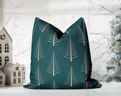 Gentle Winter Christmas Trees Pastel Orange on Emerald Green Pillow Throw - Cush Potato Pillows
