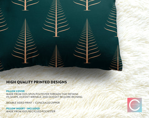 Gentle Winter Christmas Trees Pastel Orange on Emerald Green Pillow Throw - Cush Potato Pillows
