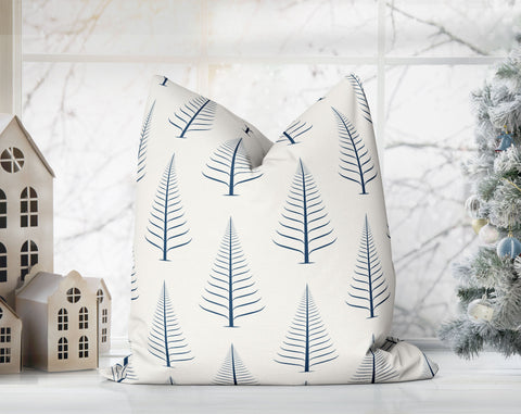 Gentle Winter Christmas Trees Royal Navy Blue Off-White Cream Pillow Throw - Cush Potato Pillows